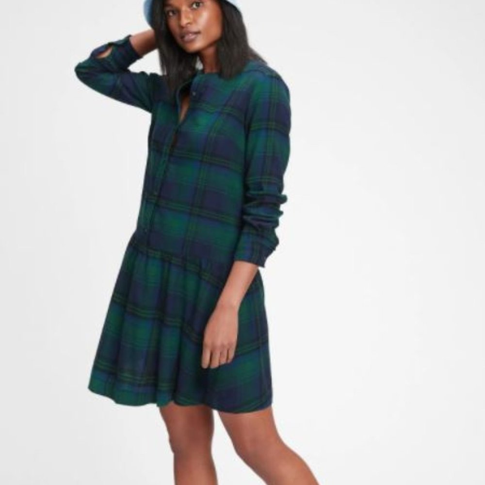 Navy Blue & Green Gap Plaid Drop Waist Shirt Dress